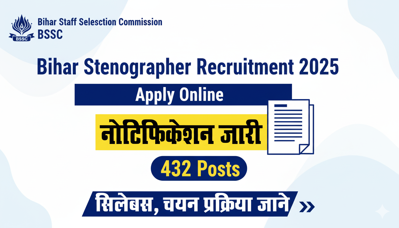 बिहार कर्मचारी चयन आयोग (BSSC) ने युवाओं के लिए एक शानदार अवसर जारी किया है। आयोग ने स्टेनोग्राफर भर्ती 2025 का आधिकारिक नोटिफिकेशन जारी किया है
