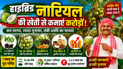 Hybrid Coconut Planat की खेती से कमाई 1 एकड़ से कितना मुनाफा जानिए पूरी जानकारी