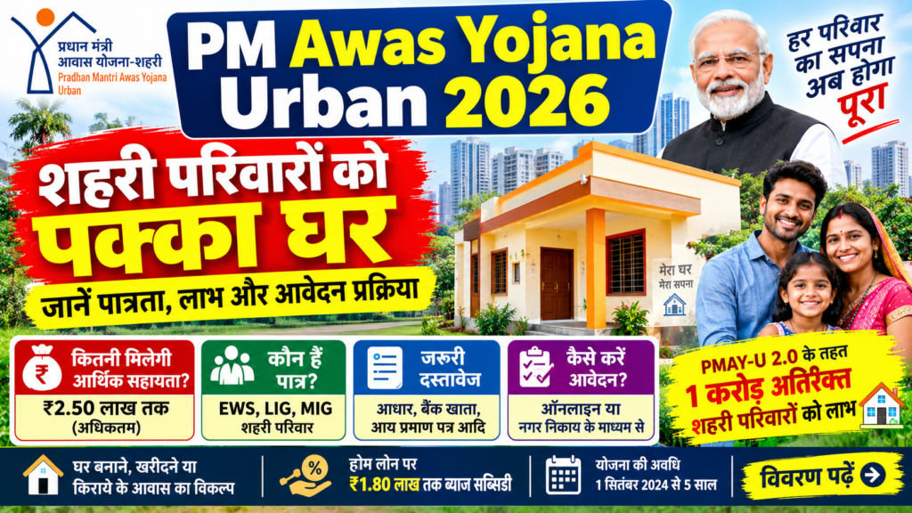 PM Awas Yojana Urban 2026: शहरी परिवारों को पक्का घर, जानें पात्रता और आवेदन प्रक्रिया